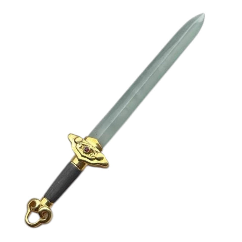#1037 Exquisite Jadeite Sword Set with S925 Sterling Silver Guard, Gold Accents, and Knight Display