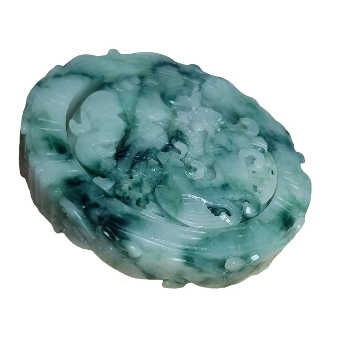 #1103 Green Burmese Jadeite Dragon & Phoenix Carved Bangle with Matching Core Set