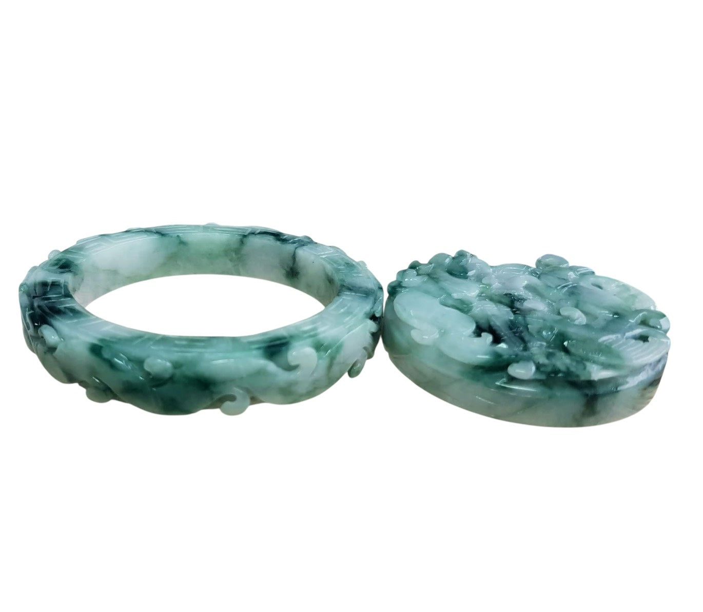 #1103 Green Burmese Jadeite Dragon & Phoenix Carved Bangle with Matching Core Set
