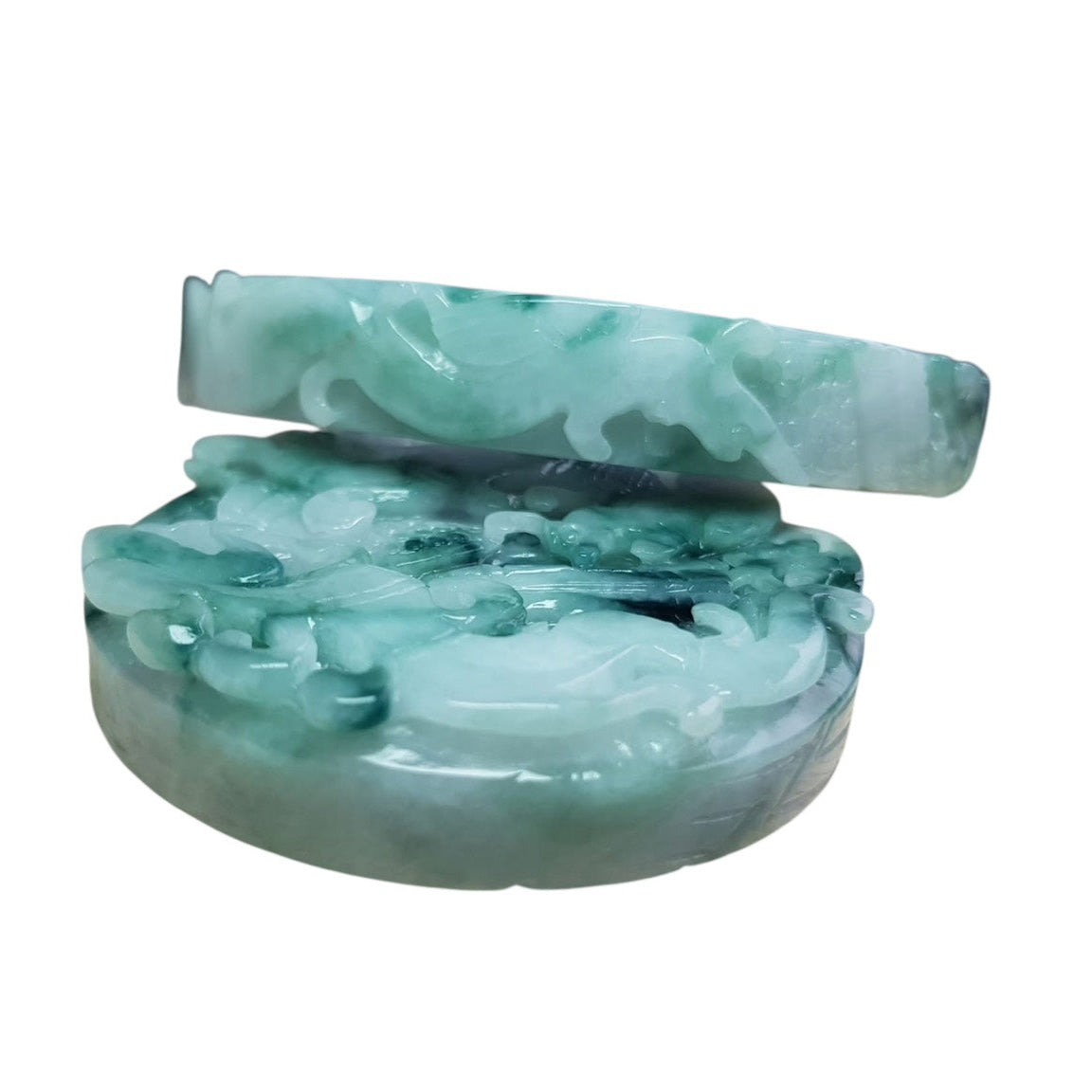 #1103 Green Burmese Jadeite Dragon & Phoenix Carved Bangle with Matching Core Set