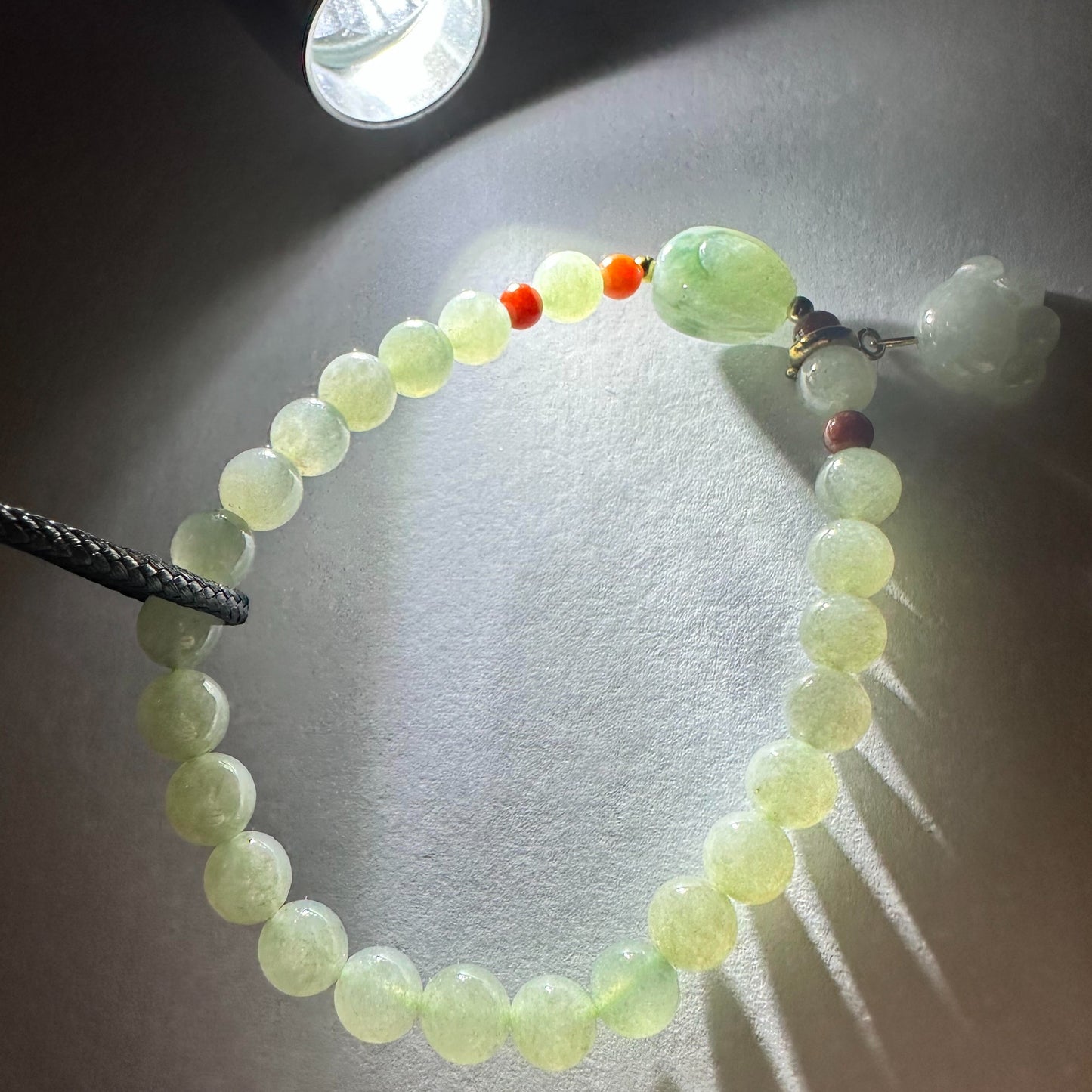#266 Mason-Kay Certified Light Green Bunny Jadeite Jade Designer's Bead Bracelet