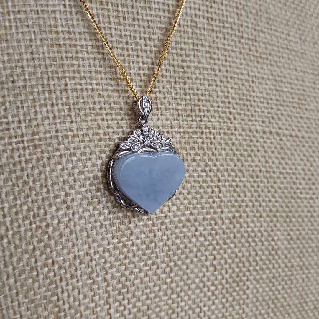 #729, #730, & #732 Exquisite Burma Jadeite Jade Heart-Shaped Pendant Necklace, Sterling Silver