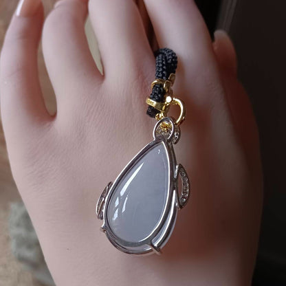 #155 GIA Certified Translucent Light Lavender Slashed Green Burma Jadeite - Water Droplet Pendent with 18K White Gold and Diamonds Setting