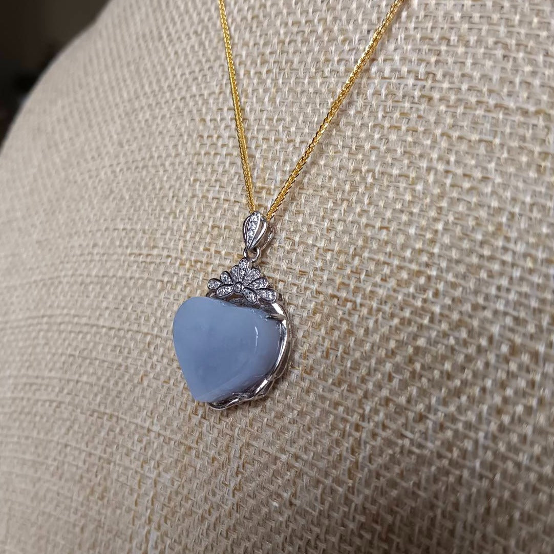 #729, #730, & #732 Exquisite Burma Jadeite Jade Heart-Shaped Pendant Necklace, Sterling Silver