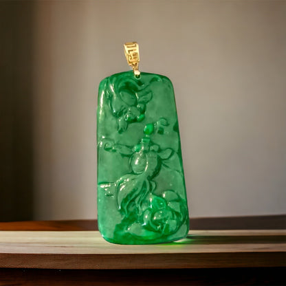 #112 Rare GIA Certified Imperial Green and Spicy Green Natural Old Burma Jadeite Jade Fish Pendant with an 18K Yellow Gold Bail