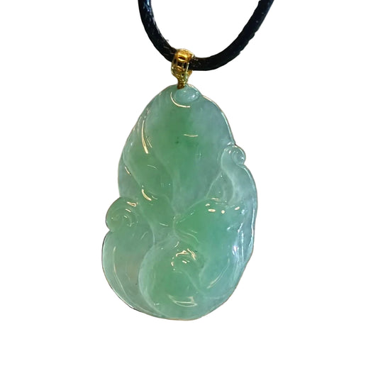 #3 GIA Certified Natural Green Burma Jadeite Jade Nine-Tailed Fox Pendant with an 18K Gold Bail