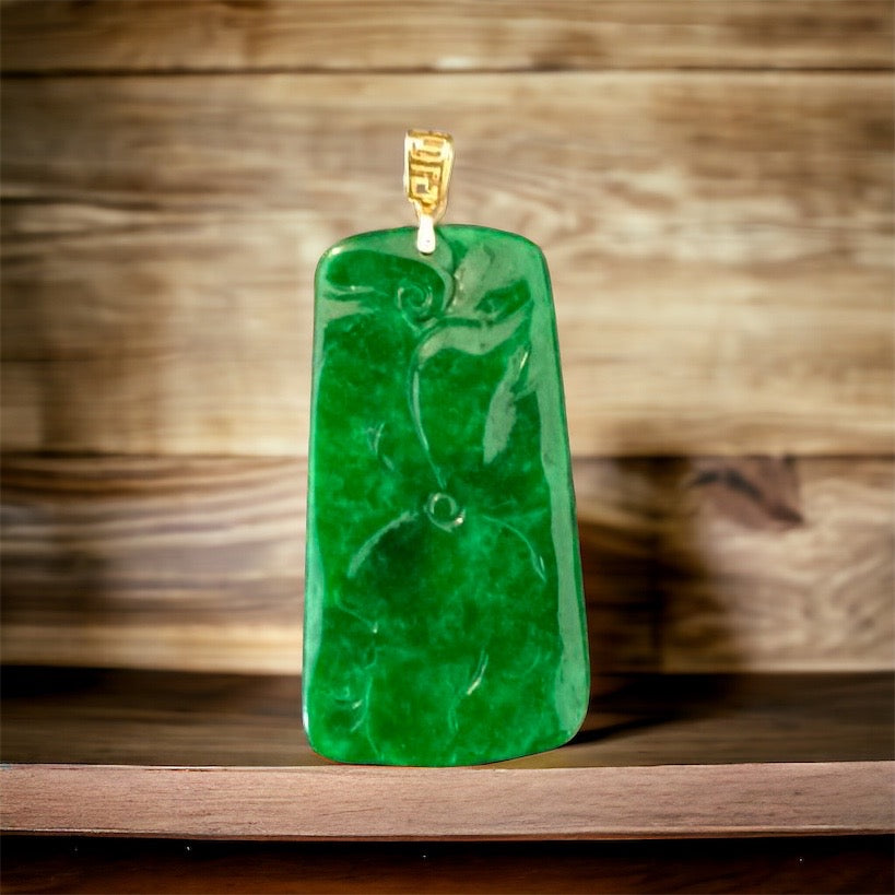 #112 Rare GIA Certified Imperial Green and Spicy Green Natural Old Burma Jadeite Jade Fish Pendant with an 18K Yellow Gold Bail