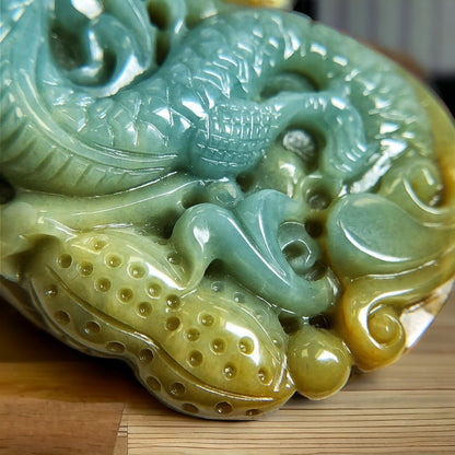 #158 GIA Certified Natural Green and Yellow Jadeite Dragon Pendant