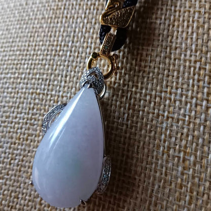 #155 GIA Certified Translucent Light Lavender Slashed Green Burma Jadeite - Water Droplet Pendent with 18K White Gold and Diamonds Setting