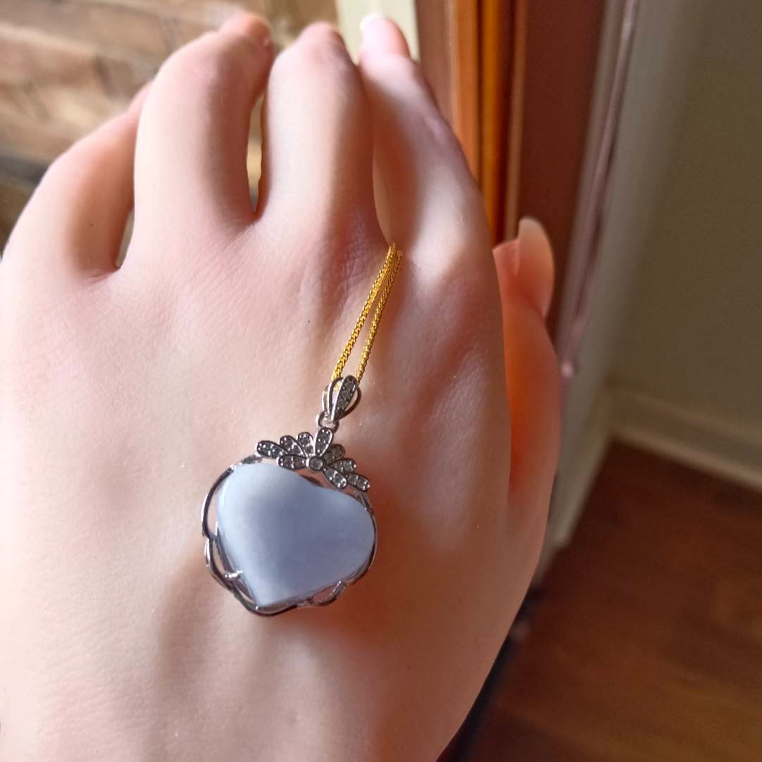 #729, #730, & #732 Exquisite Burma Jadeite Jade Heart-Shaped Pendant Necklace, Sterling Silver