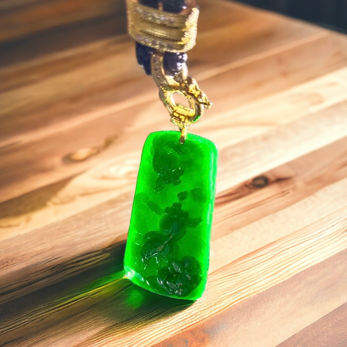 #112 Rare GIA Certified Imperial Green and Spicy Green Natural Old Burma Jadeite Jade Fish Pendant with an 18K Yellow Gold Bail