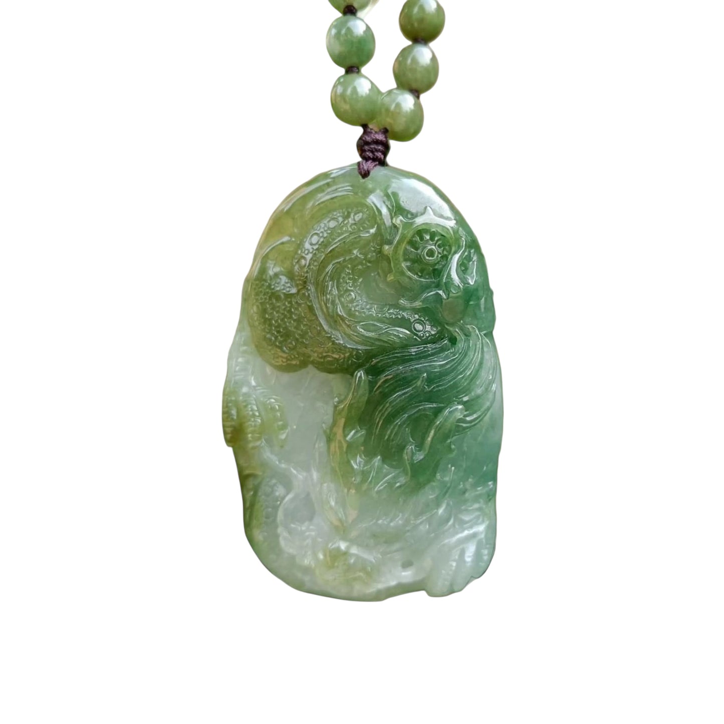 #19 Mason-Kay Certified Natural Jadeite Jade Mocha Green Dragon Pendant with Bead Necklace