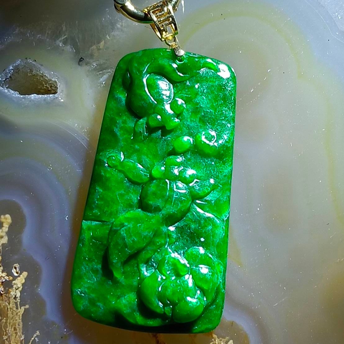 #112 Rare GIA Certified Imperial Green and Spicy Green Natural Old Burma Jadeite Jade Fish Pendant with an 18K Yellow Gold Bail