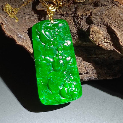 #112 Rare GIA Certified Imperial Green and Spicy Green Natural Old Burma Jadeite Jade Fish Pendant with an 18K Yellow Gold Bail