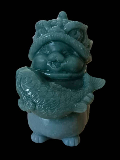 #827 Natural Guatemala Jadeite, Cat Dressed in Lion Costume Holding a Fish Figurine/Display