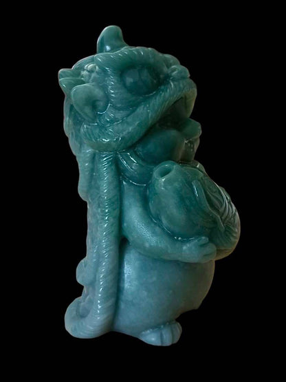 #827 Natural Guatemala Jadeite, Cat Dressed in Lion Costume Holding a Fish Figurine/Display