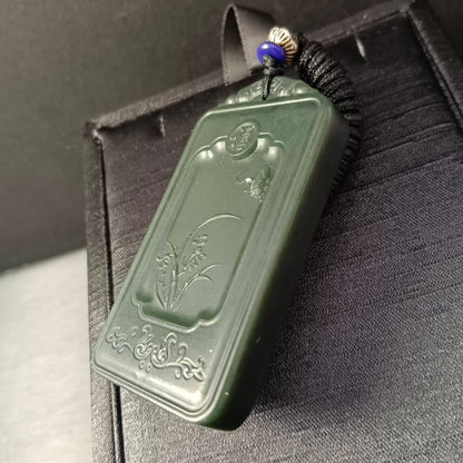 #862 AGL Certified Dark Green Hetian Nephrite Jade "Four Gentlemen-Orchid" Pendant
