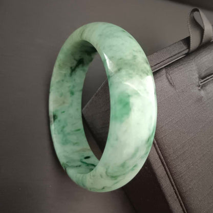 [Little Jade Pavilion] #376 Mason-Kay Certified Green-Patterned Natural Burma Jadeite Jade Bangle Bracelet (Width: 19.5 mm!)
