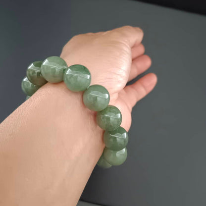 #516 Mason-Kay Certified Green Jadeite Jade Bead Bracelet, ~14 mm beads