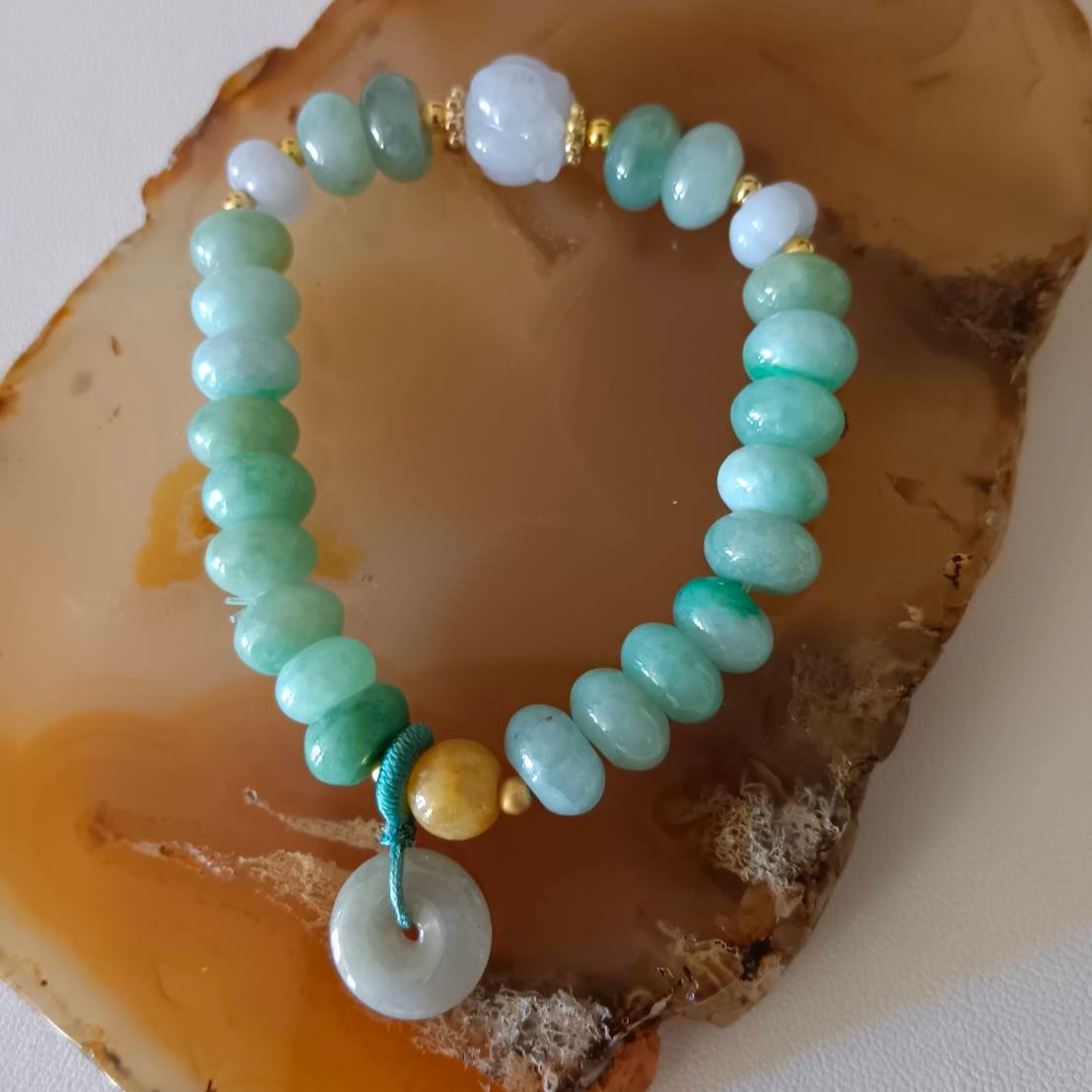 #97 Mason-Kay Certified Greenish Designer Jadeite Jade Bead Bracelet, 7.7~9.2 mm