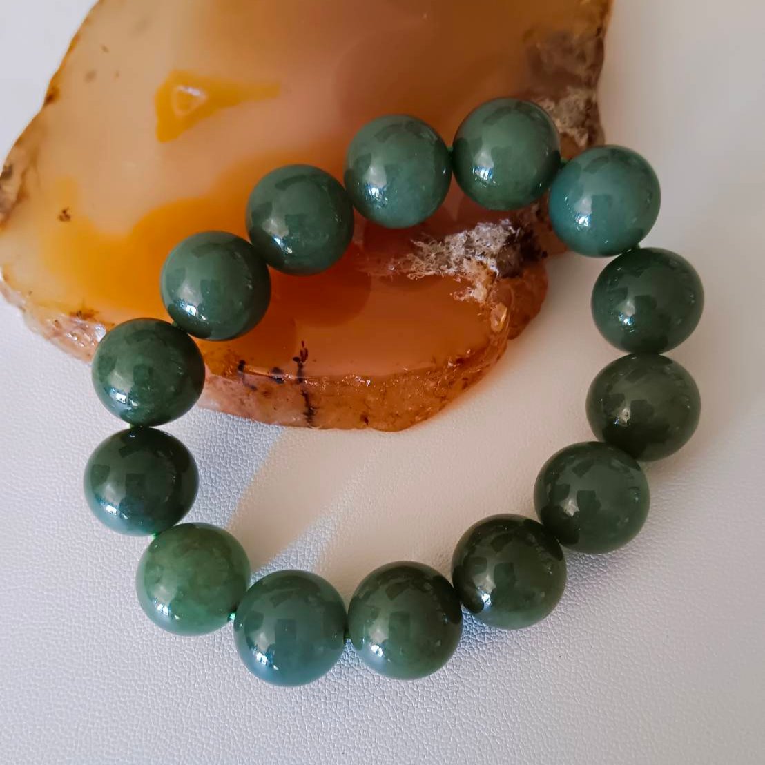 #516 Mason-Kay Certified Green Jadeite Jade Bead Bracelet, ~14 mm beads