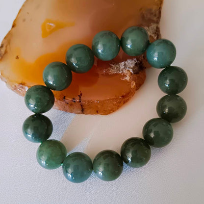 #516 Mason-Kay Certified Green Jadeite Jade Bead Bracelet, ~14 mm beads