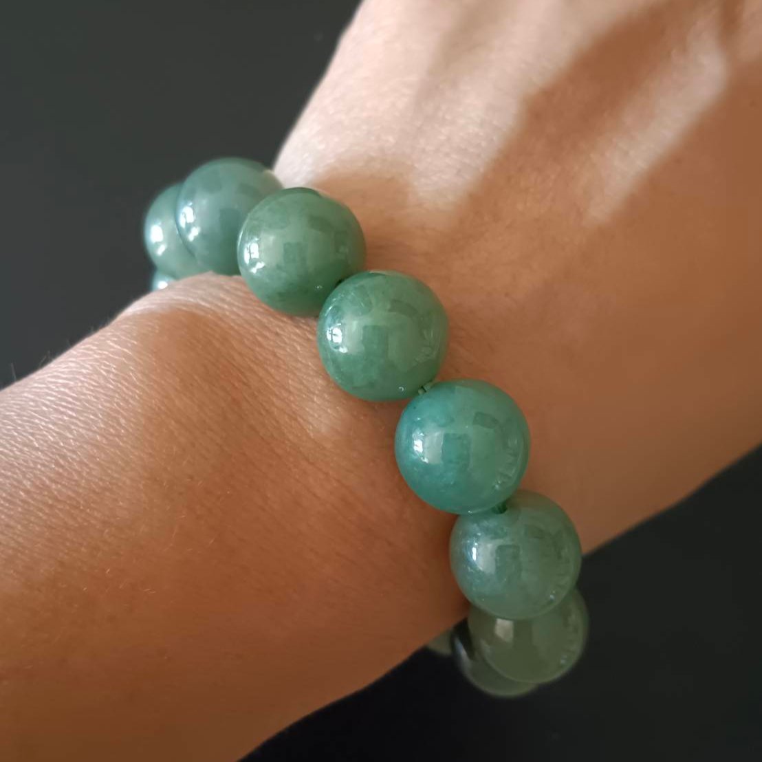 #516 Mason-Kay Certified Green Jadeite Jade Bead Bracelet, ~14 mm beads
