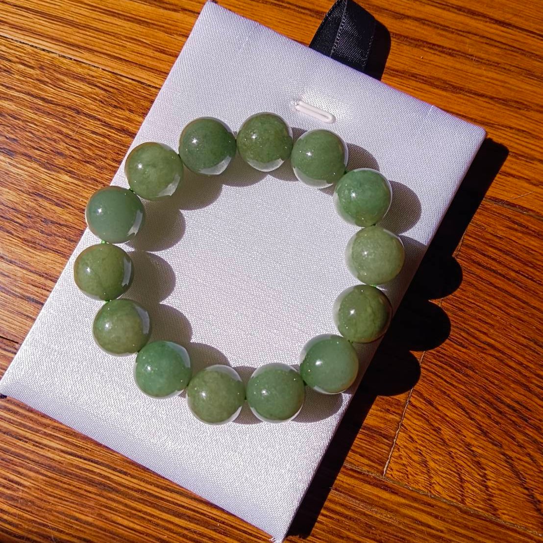 #516 Mason-Kay Certified Green Jadeite Jade Bead Bracelet, ~14 mm beads