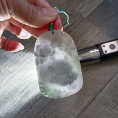 #926 Natural Translucent Burma Jadeite, Tiger and Flowers Pendant