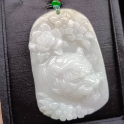 #926 Natural Translucent Burma Jadeite, Tiger and Flowers Pendant