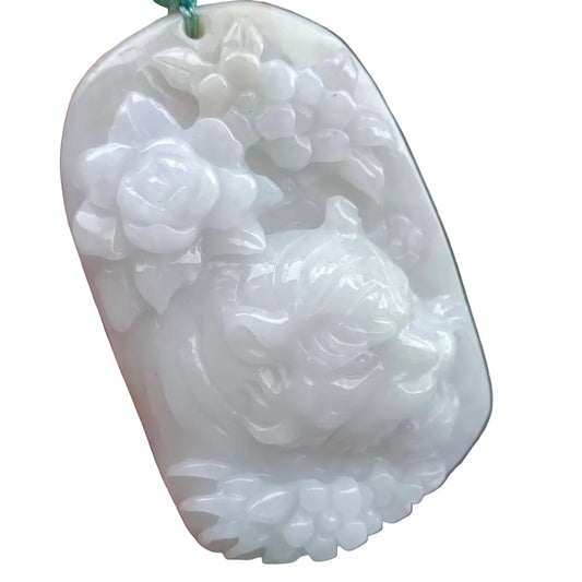 [Little Jade Pavilion] #926 Natural Translucent Burma Jadeite, Tiger and Flowers Pendant