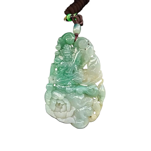 #162 AGL Certified Tri-Color Translucent Burma Jadeite, Akasagarbha Bodhisattva (虛空藏菩薩)Pendant and Display