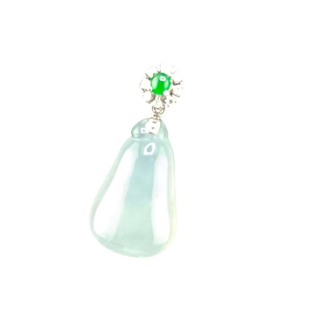 #818 AGL Certified Natural Semi-Transparent Burma Jadeite, Fu Gua 福瓜 Pendant, 18KG Bail with an Imperial Green Cabochon, and Diamonds
