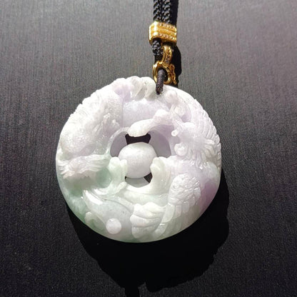 #790 AGL Certified Natural Green and Lavender Translucent Burma Jadeite, Dragon and Phoenix Pendant