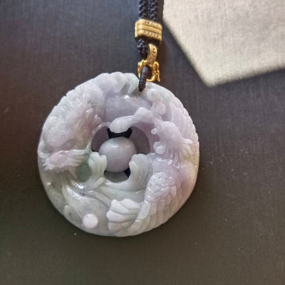 #790 AGL Certified Natural Green and Lavender Translucent Burma Jadeite, Dragon and Phoenix Pendant