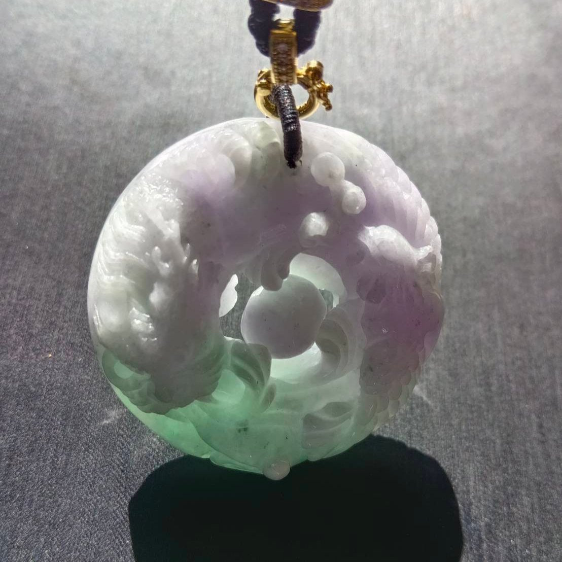 #790 AGL Certified Natural Green and Lavender Translucent Burma Jadeite, Dragon and Phoenix Pendant