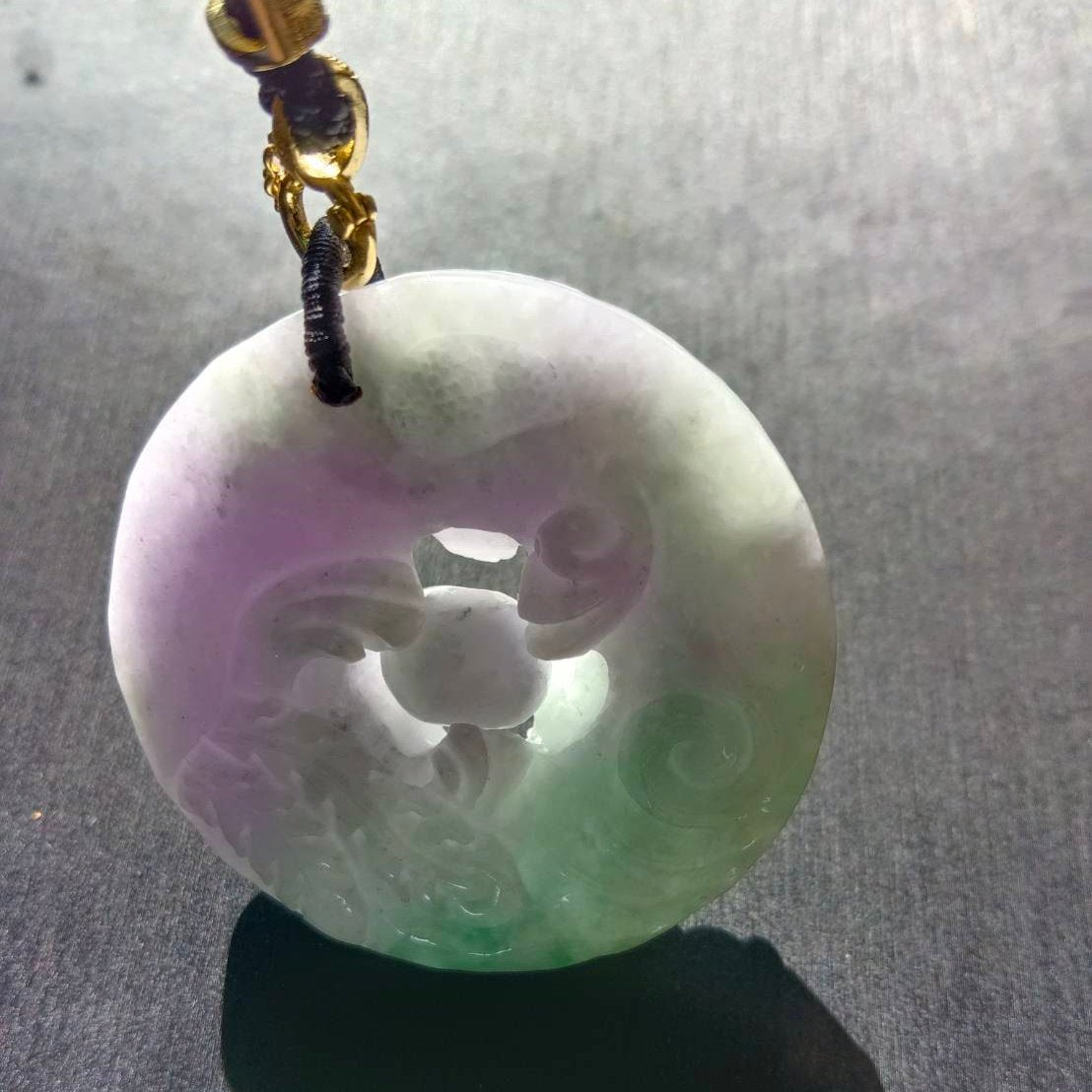 #790 AGL Certified Natural Green and Lavender Translucent Burma Jadeite, Dragon and Phoenix Pendant