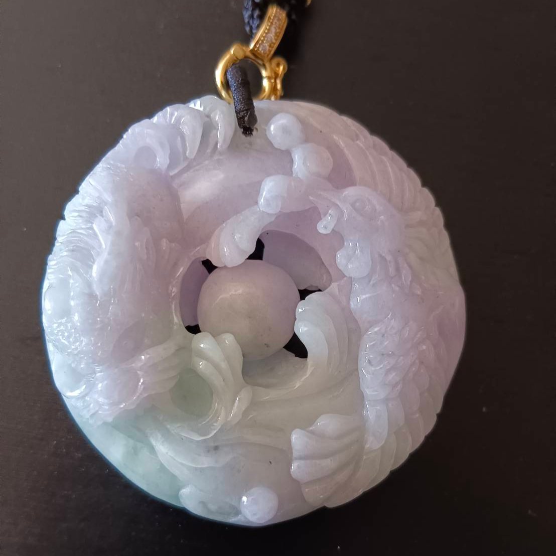 #790 AGL Certified Natural Green and Lavender Translucent Burma Jadeite, Dragon and Phoenix Pendant