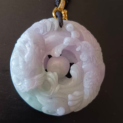 #790 AGL Certified Natural Green and Lavender Translucent Burma Jadeite, Dragon and Phoenix Pendant