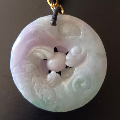 #790 AGL Certified Natural Green and Lavender Translucent Burma Jadeite, Dragon and Phoenix Pendant