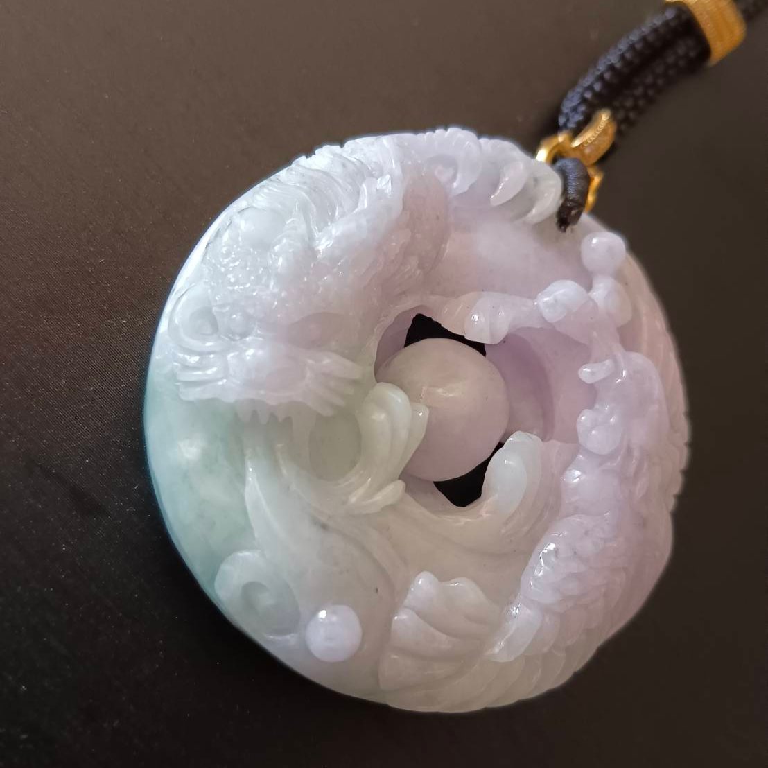 #790 AGL Certified Natural Green and Lavender Translucent Burma Jadeite, Dragon and Phoenix Pendant