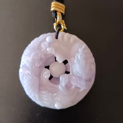 #791 AGL Certified Natural Lavender Translucent Burma Jadeite, Dragon and Phoenix Pendant
