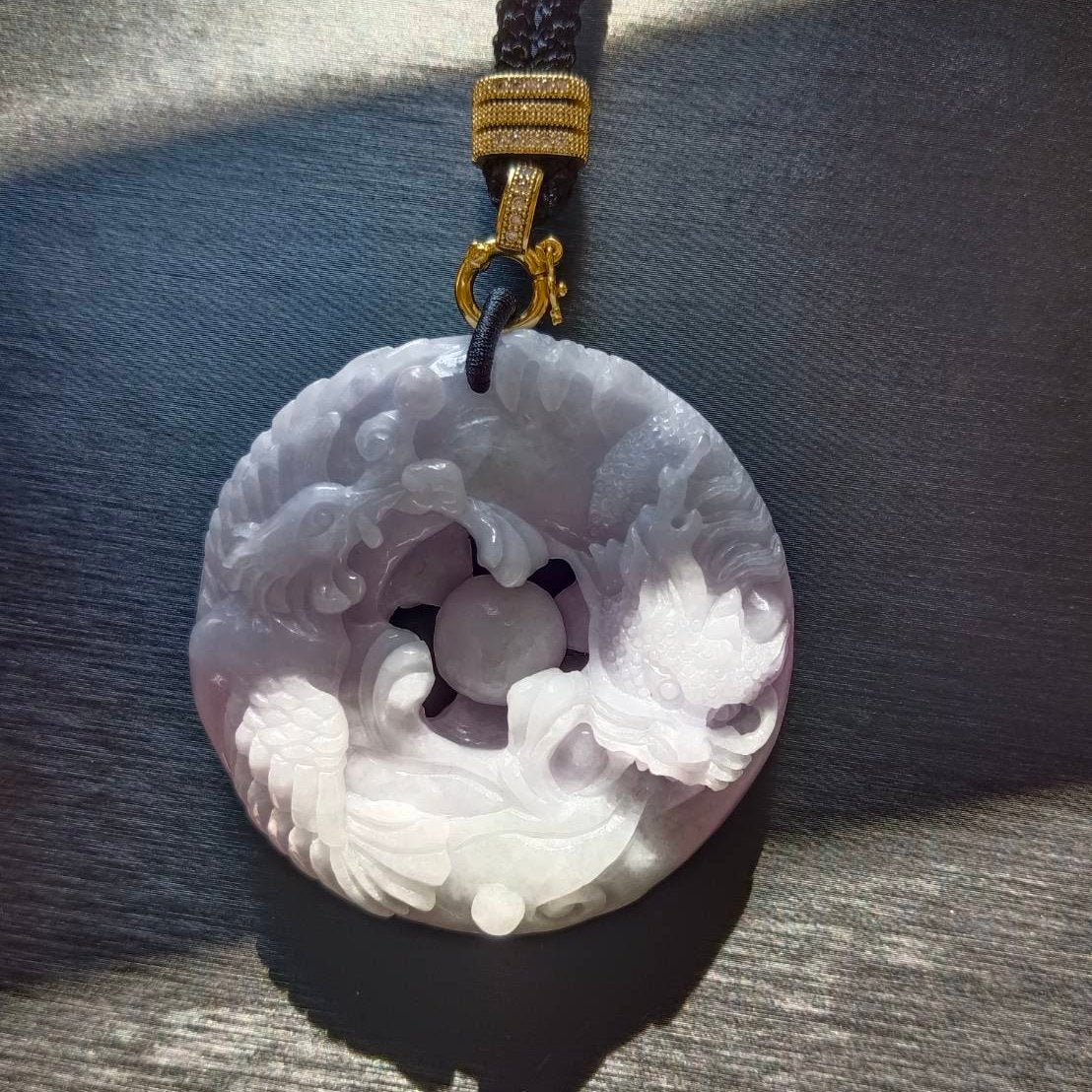 #791 AGL Certified Natural Lavender Translucent Burma Jadeite, Dragon and Phoenix Pendant