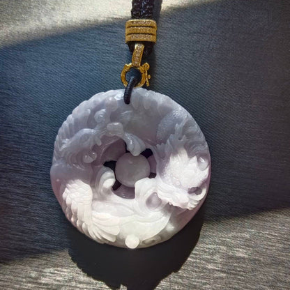 #791 AGL Certified Natural Lavender Translucent Burma Jadeite, Dragon and Phoenix Pendant