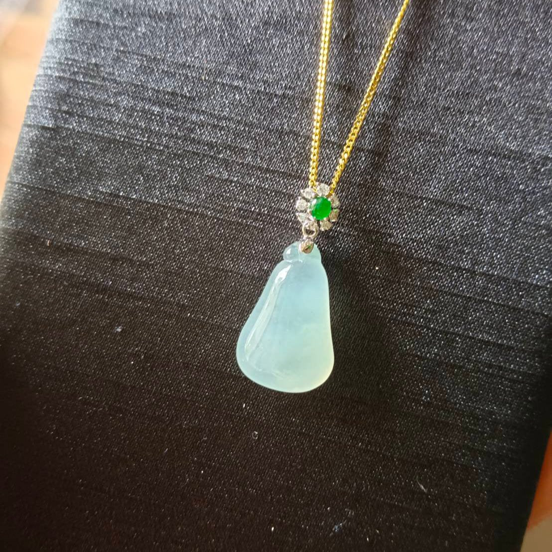 #818 AGL Certified Natural Semi-Transparent Burma Jadeite, Fu Gua 福瓜 Pendant, 18KG Bail with an Imperial Green Cabochon, and Diamonds