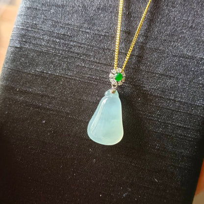 #818 AGL Certified Natural Semi-Transparent Burma Jadeite, Fu Gua 福瓜 Pendant, 18KG Bail with an Imperial Green Cabochon, and Diamonds
