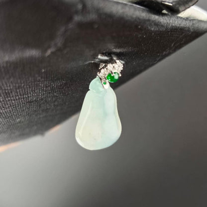 #818 AGL Certified Natural Semi-Transparent Burma Jadeite, Fu Gua 福瓜 Pendant, 18KG Bail with an Imperial Green Cabochon, and Diamonds