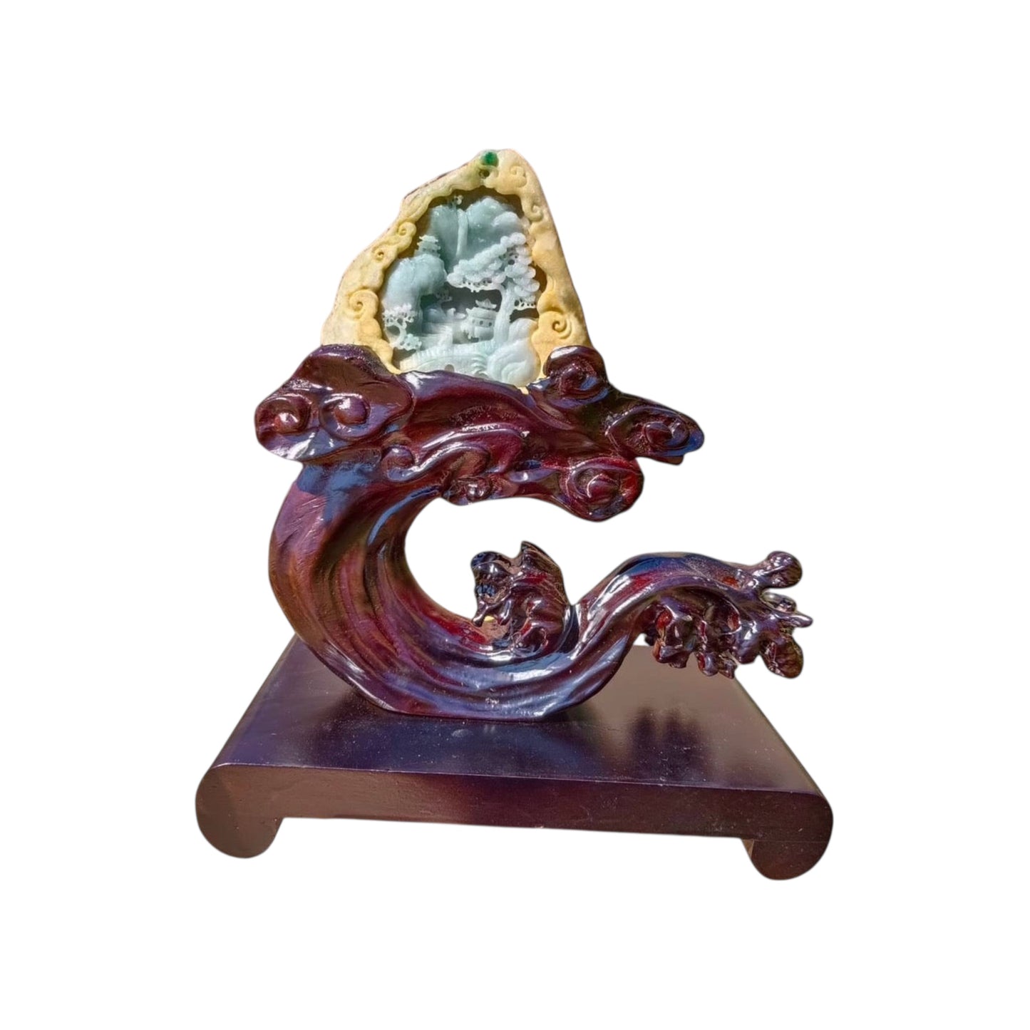 #630 AGL Certified Light Green Burma Jadeite Landscape Statuary with Yellow Skin and Customized Solid Wooded Base