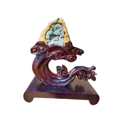 #630 AGL Certified Light Green Burma Jadeite Landscape Statuary with Yellow Skin and Customized Solid Wooded Base