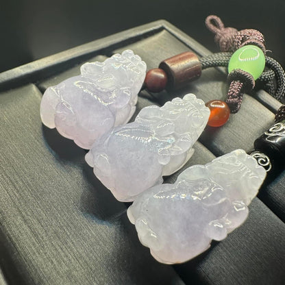 #848, the AGL Certified Natural Translucent Lavender Burma Jadeite Pixiu Triplets Pendants